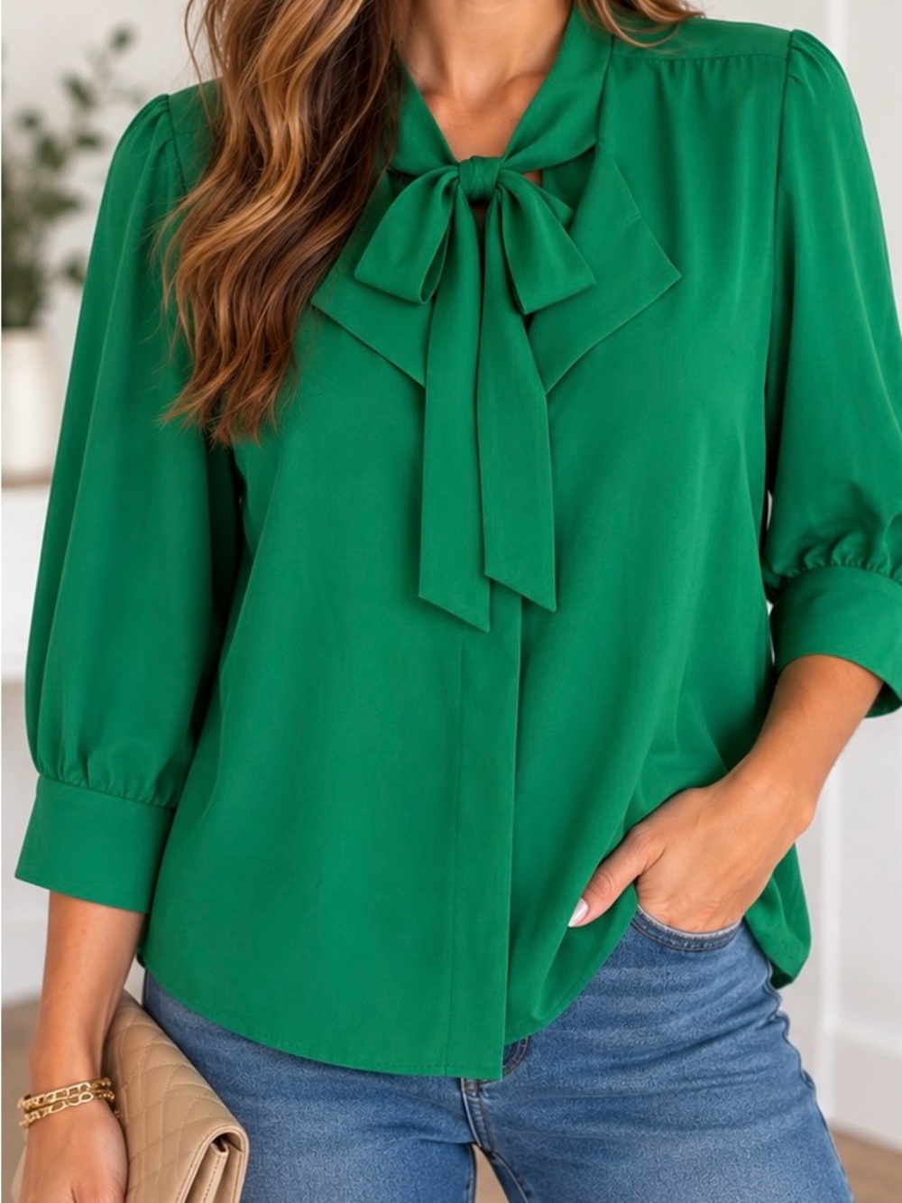 Worthington Green Tie-Neck Blouse Size Medium NWT